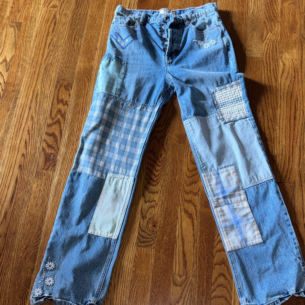Free People Blue Patchwork Straight-Leg Jeans